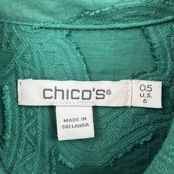Chicos Shirt Womens 6 Green Textured Sheer Short Sleeve Button Front Blouse - Picture 4 of 8